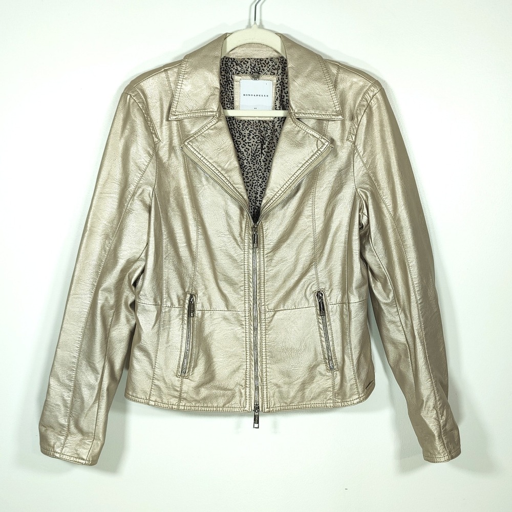 Rino & Pelle Metallic Gold Moto Jacket 40 Leopard Lined Biker Glam Gina.750521